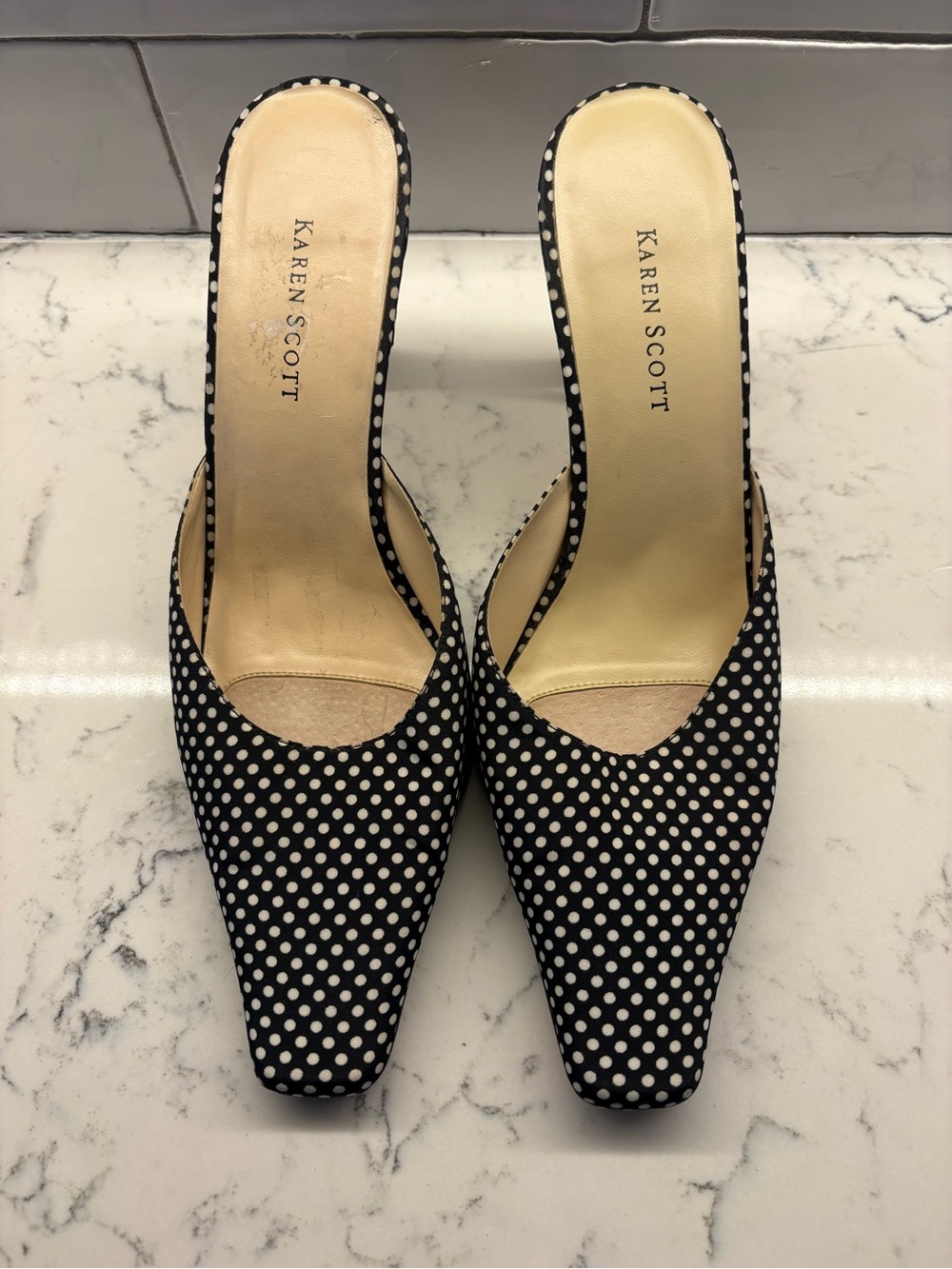 Karen Scott Black and White Polka Dot Mule Heels